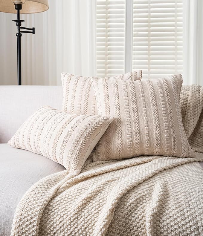 Boho Throw Pillow Covers 22x22 Inch Set of 2, Farmhouse Decorative Couch Pillow Cases, Beige Accent Pillows of Bed, Sofa Bedroom Living Room Home Decor Cushion Cover