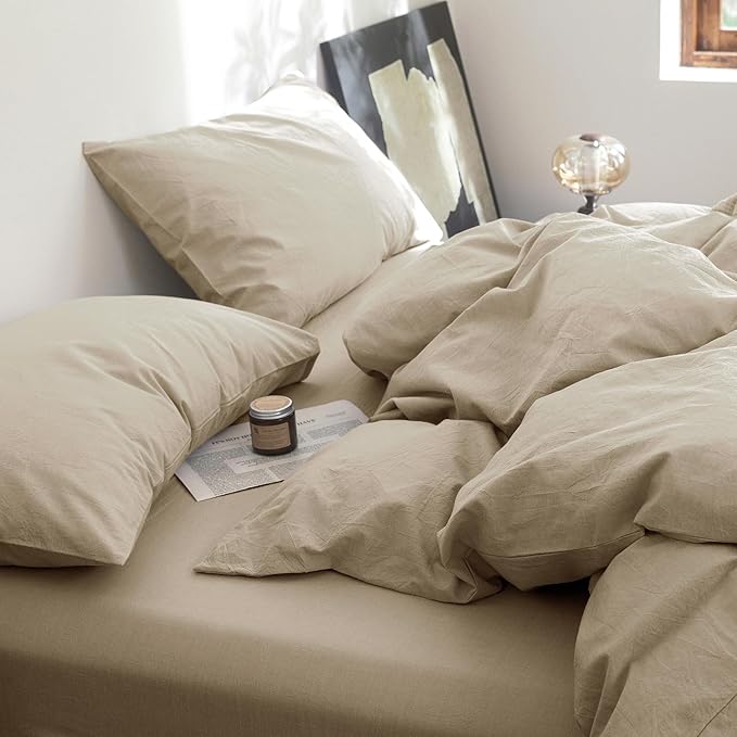 FOSSA Duvet Cover Set 100% Washed Cotton Linen Feel Super Soft Breathable Cozy 3 Pieces Bedding Sets Solid Light Khaki Queen