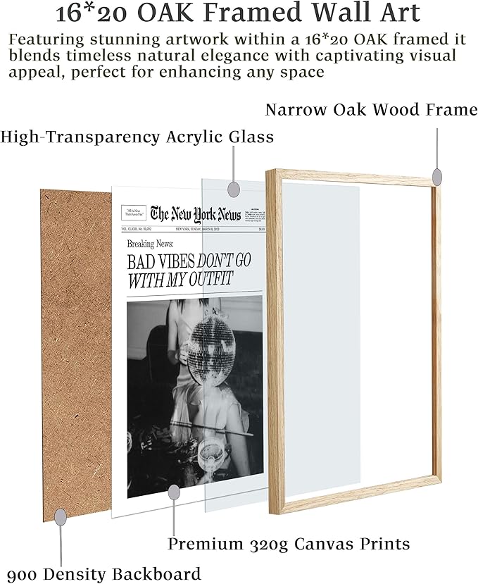 EcoHest Trendy Newspaper Magazine Framed Wall Art, 16x20 in Large OAK Wood Bad Vibes Don't Go With My Outfit Disco Bar Canvas Wall Art, Preppy Retro Home Decor For Bedroom Living Room 1Pack