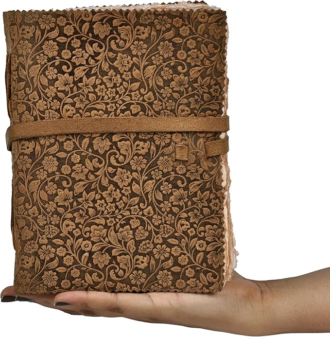 LEATHER VILLAGE Leather Bound Floral Embossed Journal for Women & Men - 200 Pages, 6”X4”(A6), Cappuccino - Book of Shadows, Vintage Blank Paper Travel Diary, Notebook for Writing, Drawing, Sketchbook
