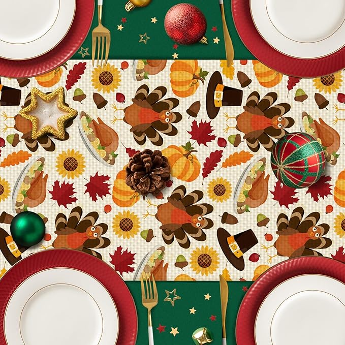 Turkey Burlap Table Runner Seasonal Spring Fall Kitchen Dining Linen Table Decoration for Indoor Outdoor Home Party Dinner 13x72 Inch