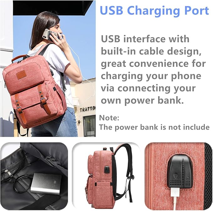 HFSX Laptop Backpack Women Men College Backpacks Bookbag Vintage Backpack Book Bag Fashion Back Pack Anti Theft Travel Backpacks with Charging Port fit 15.6 Inch Laptop Pink