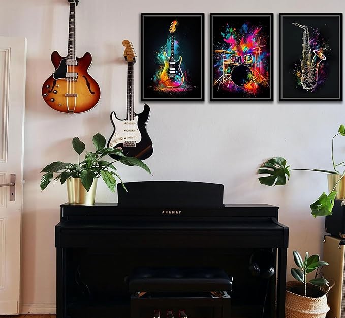 3pcs Musical Instrument Graffiti Canvas Wall Art Pop Music Instrument Style Posters Prints Rock Electric Guitar Jazz Drum Wall Decor Pictures for Living Room Bedroom Home Decoration Unframed