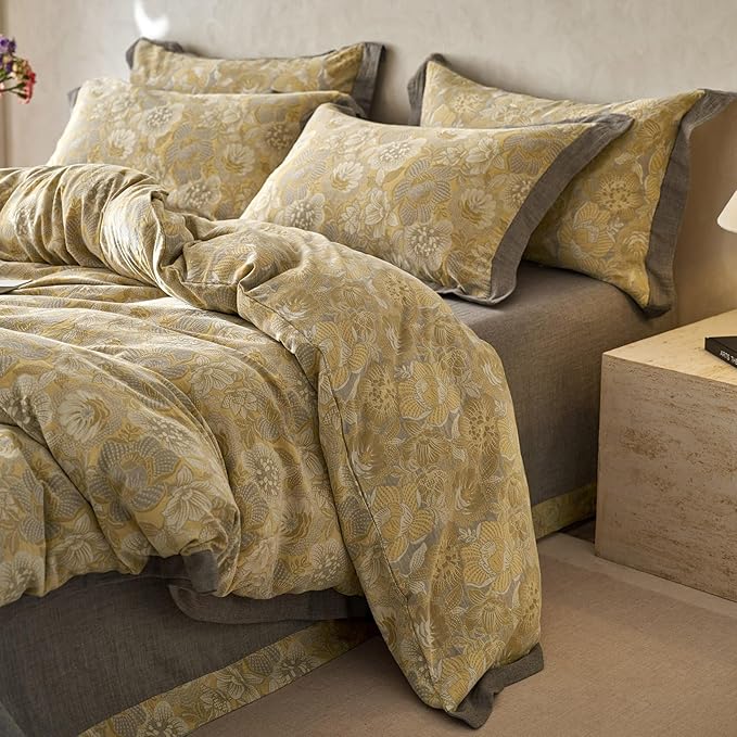 mixinni Duvet Cover King, Premium Cotton Double-Layer Yarn Golden Floral Jacquard Reversible Grey Comforter Cover with Edge Design, Farmhouse Bedding Set with 2 Pillowcases Perfect for Him and Her