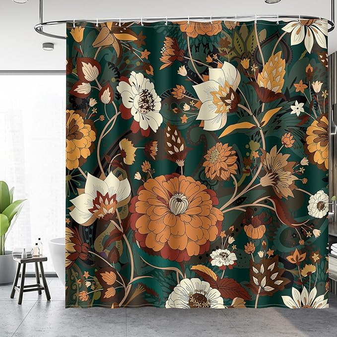 Aimego Extra Long Shower Curtain - Boho Floral Dark Green Bohemian Chic Flowers Botanical Leaves Fabric Cloth Shower Curtain Set with 12 Hooks for Bathroom Decor Accessories Bathtub Curtain, 72"x84"