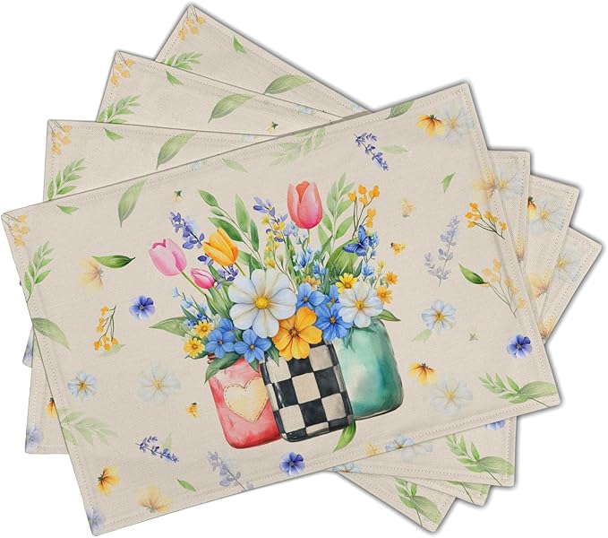 Giwawa Spring Flower Vases Placemats Set of 4 Watercolor Floral Mason Jar Place Mat 12x18 Inch Wildflower Botanical Plant Table Mats Heat Resistance for Kitchen Dining Party Picnic Decor