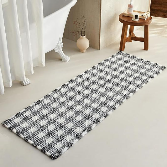 Waffle Runner Rug Bathroom, Long Boho Bathroom Rugs Non Slip Washable Absorbent Checkered Bathroom Mat Quick Dry Farmhouse Bath Mat, 72"x24" Black and White