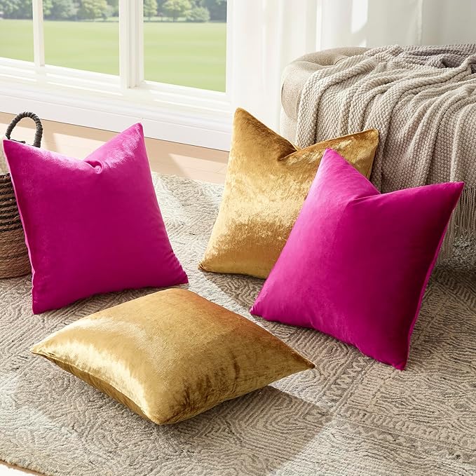 GIGIZAZA Velvet Pillow Covers 18x18,Hot Pink Gold Soft Throw Pillow Covers Set of 4 Square Decorative Modern Pillows Covers for Living Room