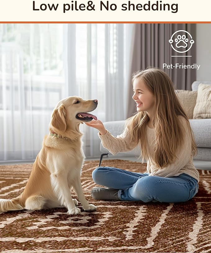 Area Rug 4x6 Rug Machine Washable Non-Slip Low Pile Print Pattern Western Rug for Living Room Bedroom Entryway Tribal Series -Yellowbrown/Cream