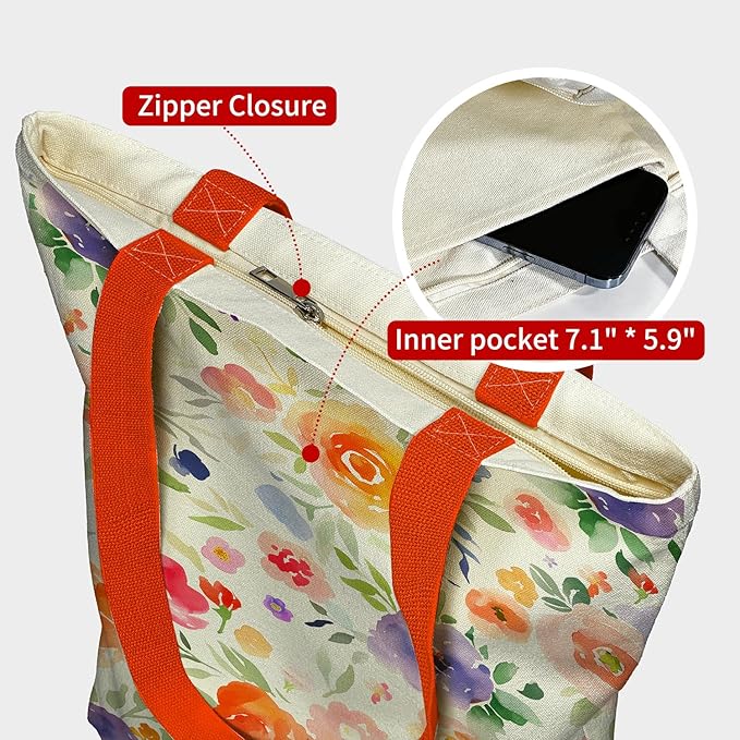 Canvas Tote Bag for Women, Aesthetic Tote Bag with Zipper Pocket for Grocery Travel Work Gift, Canvas Shopping Bag