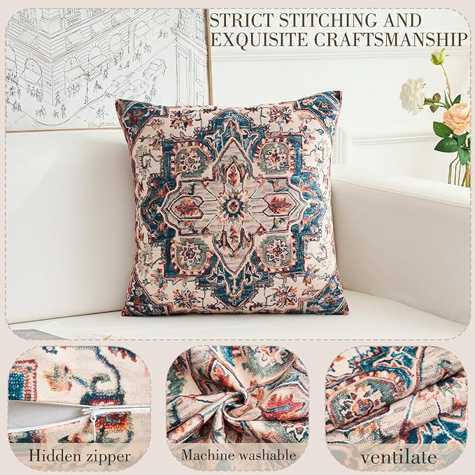 Boho Throw Pillow Covers 16x16 inch Set of 2,Boho Vintage Carpet Pattern Antique Ethnic Decor Double Sided Pattern Cushion Cover Soft Pillow Case Living Sofa Room Bed Square Pillow Cover