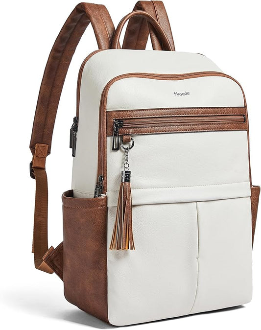 Leather Laptop Backpack for Women, 15.6" Causal Daypack Backpacks Purse Computer Backpack with Laptop Compartment for Travel Work College Business, Beige Brown