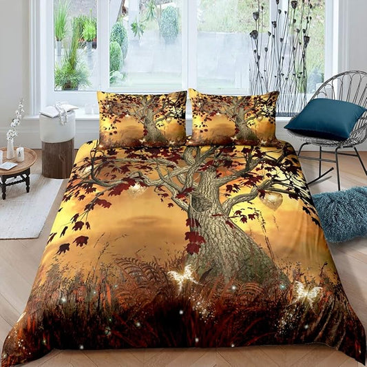 Feelyou Tree of Life Duvet Cover Set Natural Scenery Bedding Set Kids Boys Girls Adults Botanical Branches Comforter Cover Autumn Leaves Quilt Cover Bedroom Collection 3Pcs Queen Size