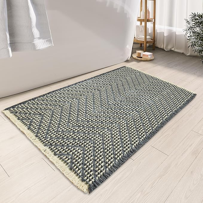 Bath Mats for Bathroom Non Slip,Waffle Luxury Bath Mat,Machine Washable Bath Mat for Shower,Ultra Soft Bathmat,Bluish Grey & Yellow,18"*30"