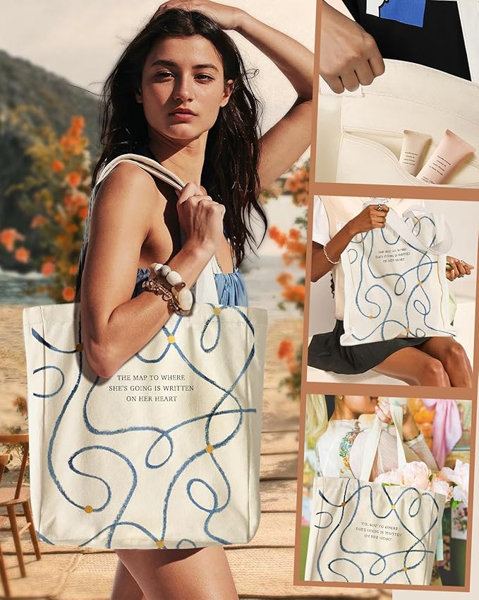 Aesthetic Heavy Canvas Tote Bag with Pocket for Women, Cloth Gusseted Totes Bag with Pattern for Shopping