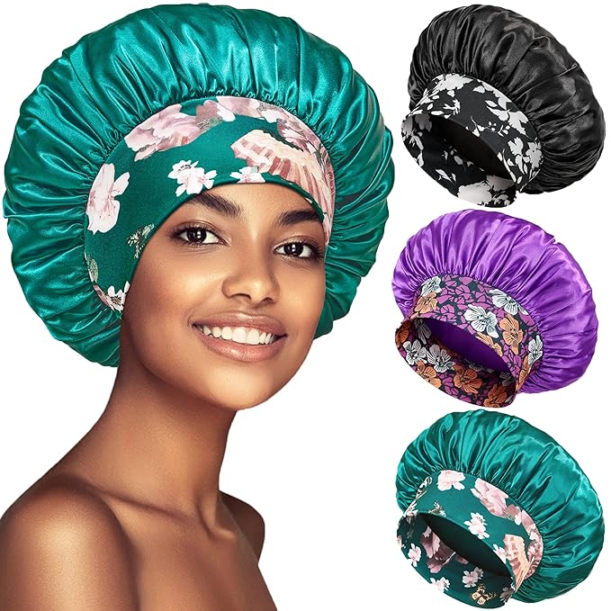 3 Pack Satin Bonnet Silk Hair Bonnet for Sleeping, Sleep Bonnets for Women Large Wide Soft Band Sleep Cap for Curly Hair Braids