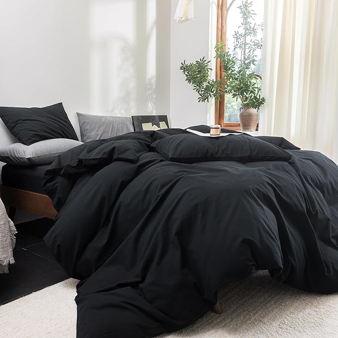 FOSSA Duvet Cover Set 100% Washed Cotton Linen Feel Super Soft Breathable Cozy 3 Pieces Bedding Sets Solid Black Oversized King Plus