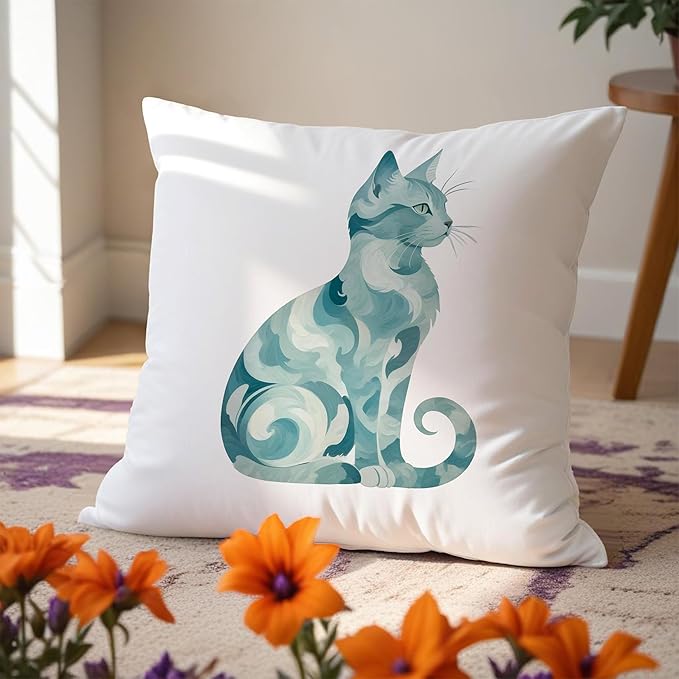 Abstract Blue Sea Cat Pillow Covers 18x18, Gifts for Cat Lovers Mom Lady Owners, Elegant Kitten Kitty Decorative Pillow Covers for Home Bedroom Living Room Decor, Pet Lover Gifts