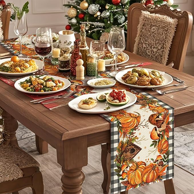 Pumpkin Burlap Table Runner Seasonal Spring Fall Kitchen Dining Linen Table Decoration for Indoor Outdoor Home Party Dinner 13x72 Inch