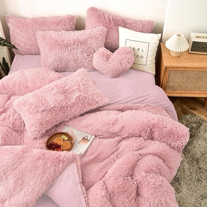 MorroMorn 5 PCS Shaggy Duvet Cover Bedding Set - Fluffy Comforter Cover Long Faux Fur Luxury Ultra Soft Cozy (Blush, King/California King)
