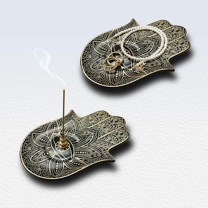 Ceramic Hamsa Hand Incense Holder - 2 in 1 Brass Incense Holder for Sticks and Coil Incense- Zen Decor with Hand of Fatima Design Protection from Evil - 6.2" L X 4.5" W (Black)