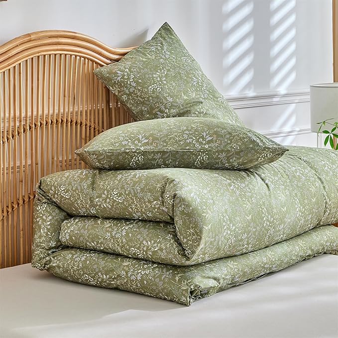 mixinni 3 Pieces Duvet Covers King Size, 100% Cotton Comforter Cover Wildflower Printed on Army Green Floral Bedding Set with Zipper Closure 4 Ties (1 Duvet Cover 104"x90", 2 Pillow Cases 20"x36")