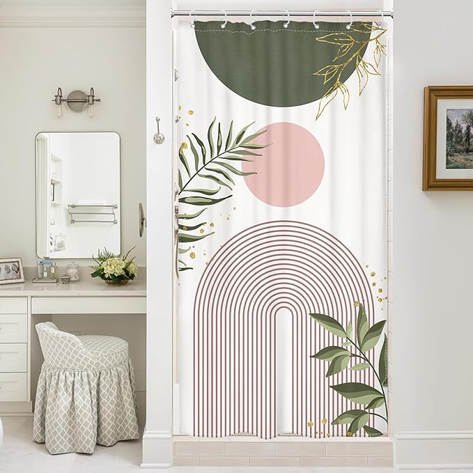 Small Stall Boho Shower Curtain 36Wx72H RV Green Pink Modern Mid Century Abstract Leaves Plant Minimalist Geometric Bathroom Decor Half Narrow Standing Bath Curtain Fabric Polyester 7 Pack Hook
