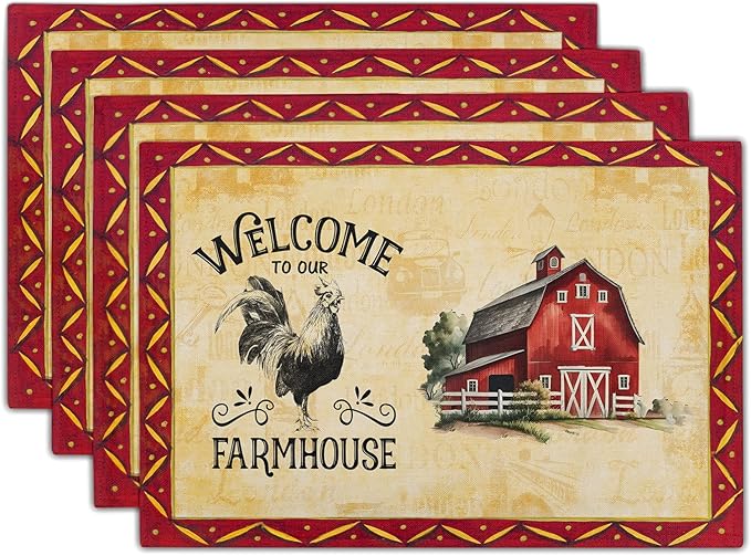 Giwawa Rooster Chicken Placemats, Welcome to Our Farmhouse Linen Place Mat, Vintage Animal Farm Decorative Washable Non Slip Table Mats for Dining Kitchen Party, Set of 4, 12"x18"