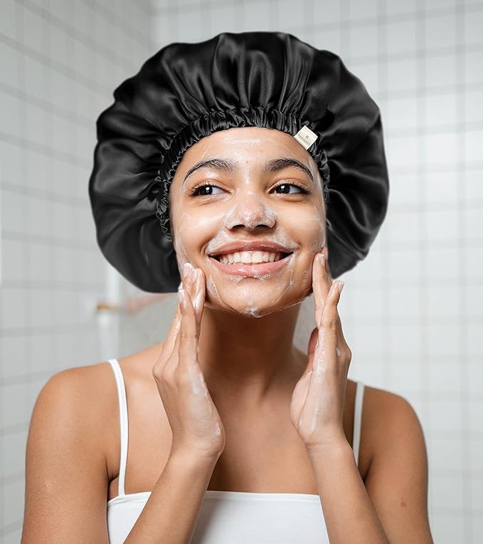 YANIBEST Adjustable Silk Bonnet Double Layer Satin Bonnet Hair Bonnet for Sleeping Bonnets for Women Hats Curly Natural Hair, Black