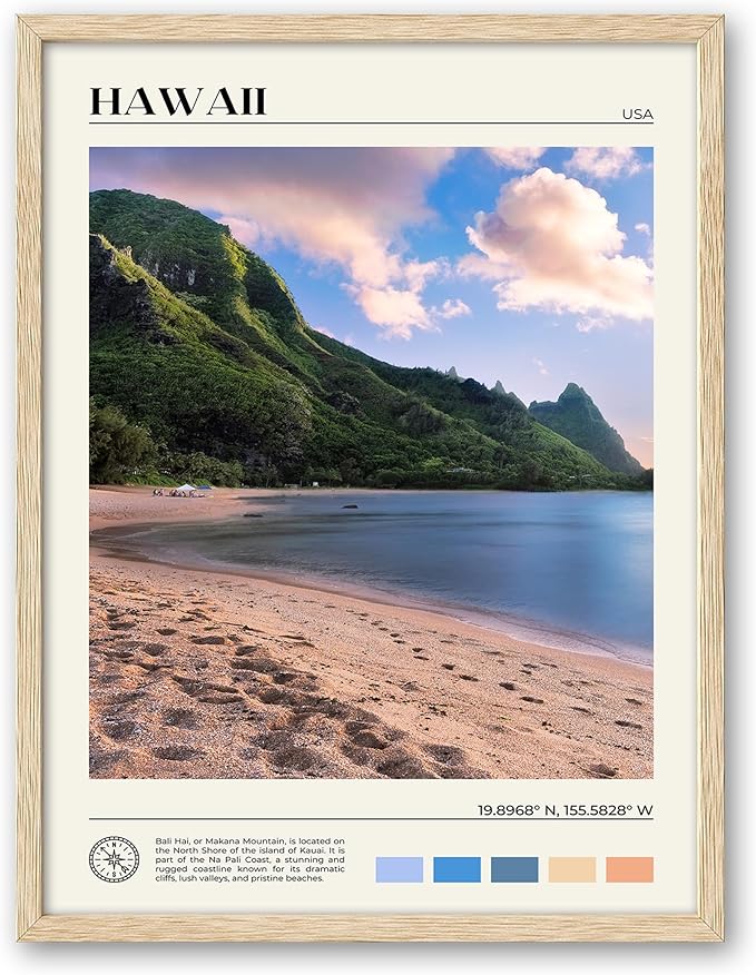 HesenDot Natural OAK Wood Hawaii Framed Wall Art,12x16in Makana Mountain Natural Scenery Canvas Wall Print,Classic Urban City Landmark Wall Decor for Living Room,Bedroom,Office Gallery Gifts Set of 1