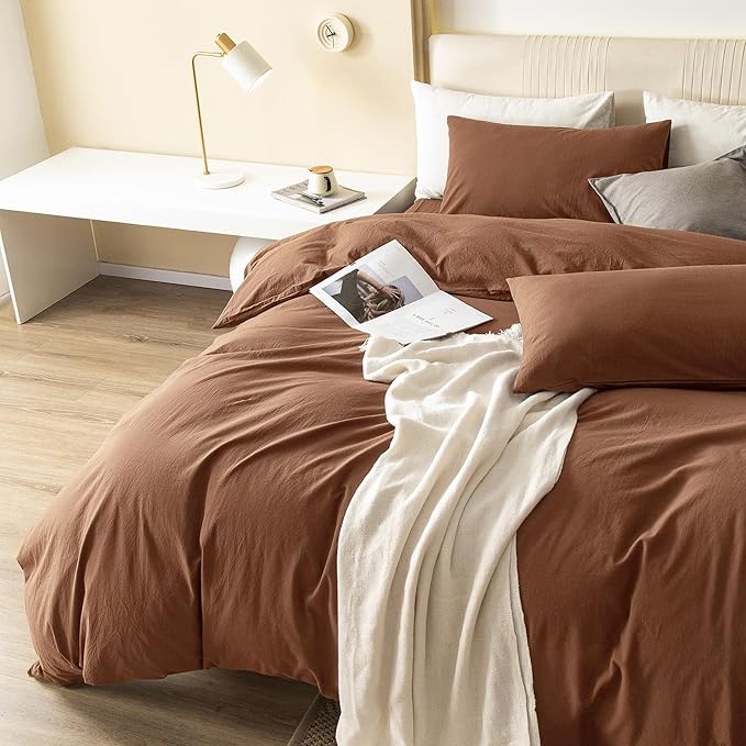 JIYUAN 100% Washed Cotton Duvet Cover Set 3 Pieces Oversized King, 1 Duvet Cover 120x98 Inches(Comforter Not Included) and 2 Pillowcases,Linen Feel Bedding Set Comfy and Breathable,Burnt Orange