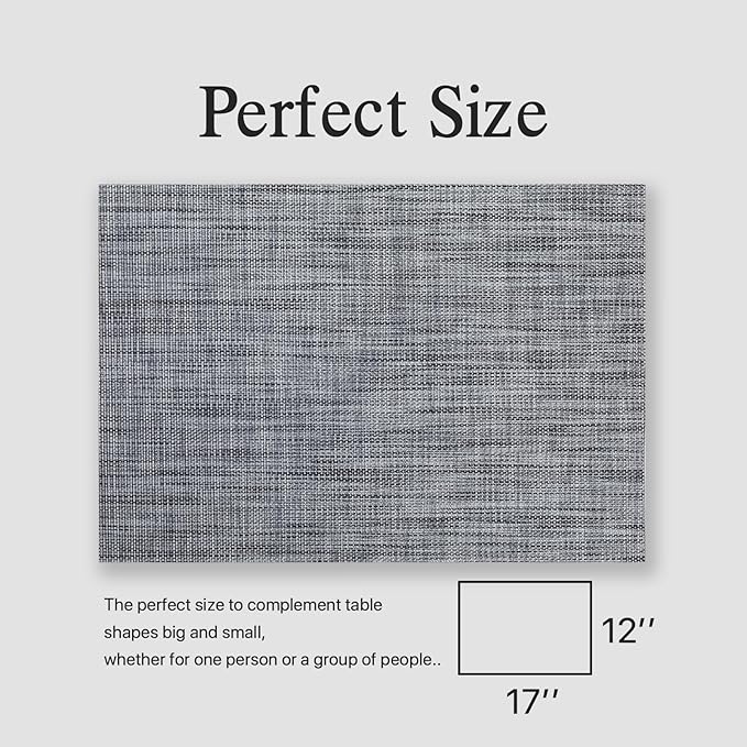 Placemats Set of 8 - Easy Clean Woven Vinyl Placemats for Dining Table, Indoor/Outdoor Place Mats, Washable PVC Table Mats（Dark Gray）