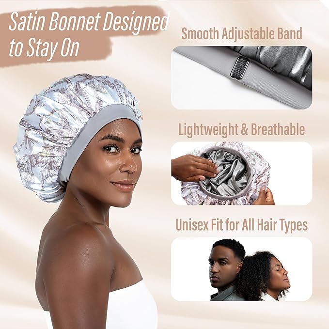 Satin Bonnet Adjustable Sleeping Silk Bonnet Black Women Men Double Layer Satin Silk Sleep Cap Hair Wrap Large Curly Hair