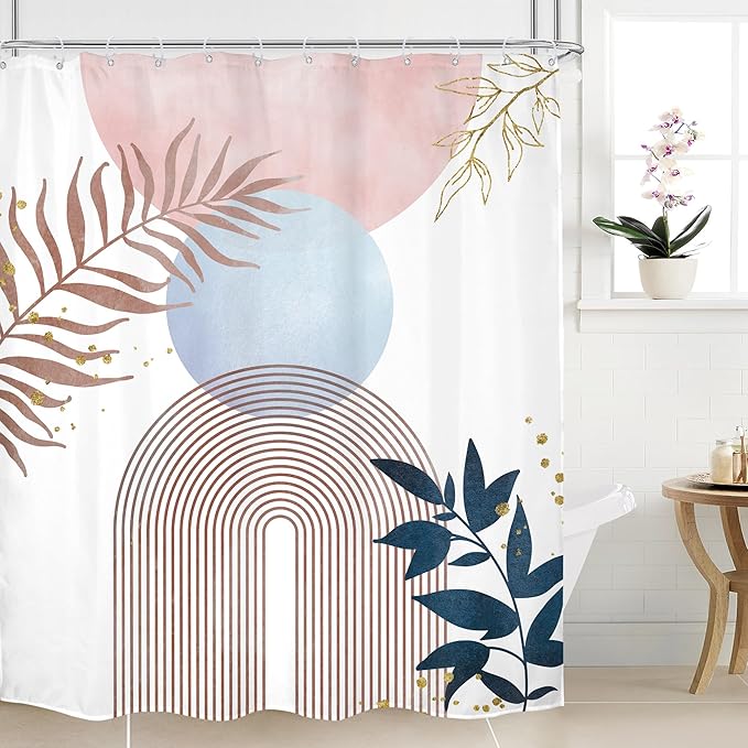 Pink Blue Boho Shower Curtain 60Wx72H Mid Century Modern Abstract Gold Leaves Plant Sun Bathroom Decor Minimalist Geometric Arch Line Aesthetic Girls Bath Curtain Fabric Polyester 12 Pack Hooks