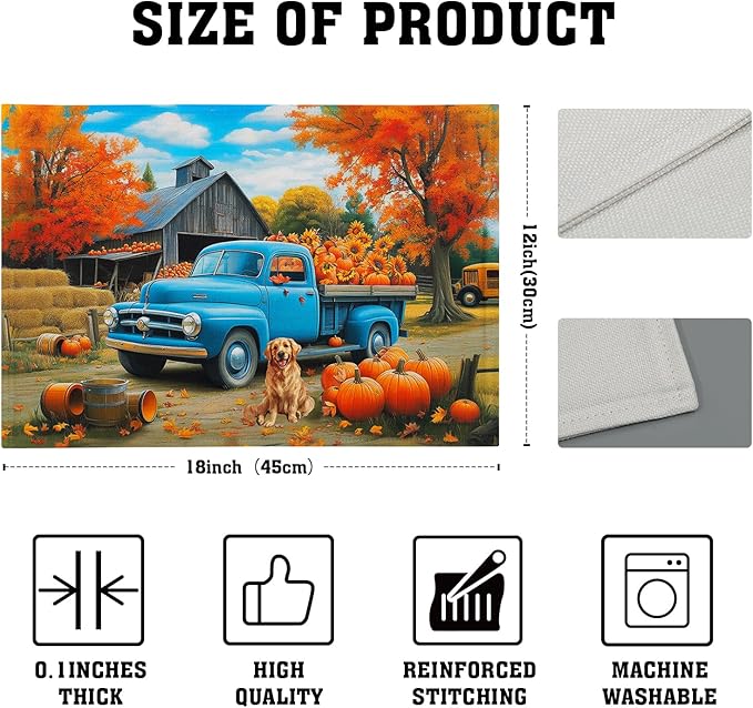 Giwawa Fall Truck Placemats Set of 4 Autumn Maple Tree Pumpkins Sunflowers Dog Decorative Linen Table Place Mat 12x18 Inch Non Slip Heat Resistance for Kitchen Dining Party Thanksgiving