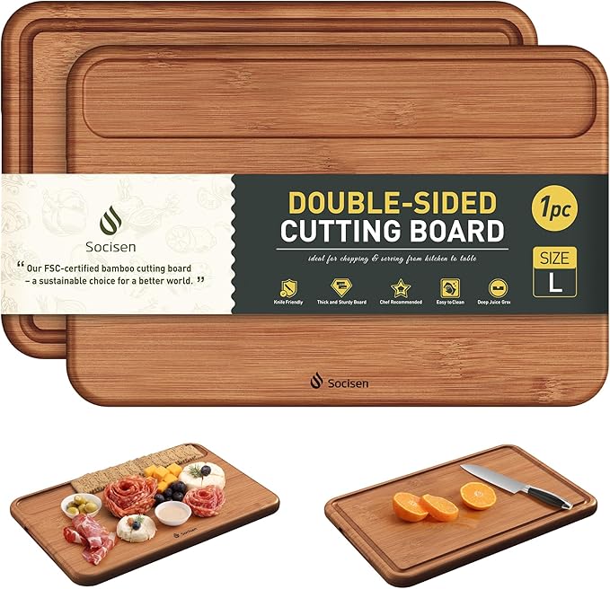 Bamboo Cutting Board for Kitchen Non Toxic Durable Wooden Cutting Boards with Deep Juice Grooves, Ideal Charcuterie Chopping Large for Meat Vegetables Fruits Cheese BBQ Ideal Kitchen Cool Unique Gifts