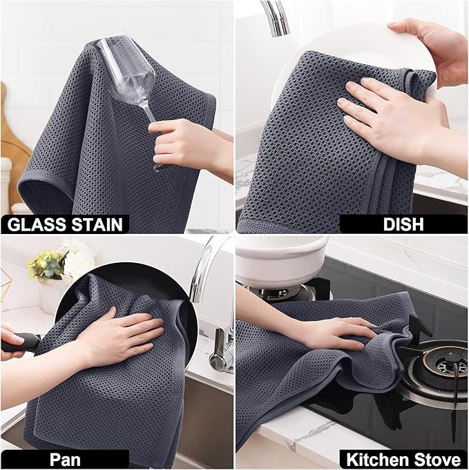 Homaxy 100% Cotton Kitchen Towels and Dishcloths Set, Large 12 x 12 Inches and 20 x 28 Inches, Set of 8 Bulk Kitchen Towels Set, Ultra Soft Absorbent Dish Cloths for Washing Dishes, Dark Grey