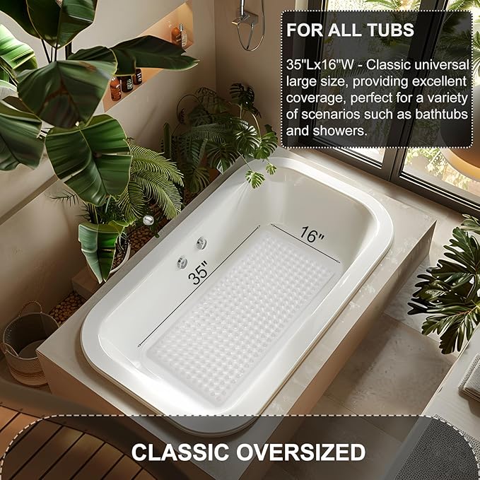 Bath Mat for Tub & Shower, Non Slip Soft Bathmat with Suction Cups & Drain Holes, Machine Washable Bathtub Floor Liner Mats for Bathroom, 35x16 Inch, Clear