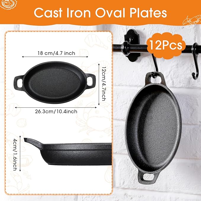 Mifoci 12 Pcs Oval Serving Dish Mini Cast Iron Skillet Cast Iron Baking Pan Sizzling Plate Matte Black Gratin Cookware for Home Restaurant Kitchen Food Service Barbecue (7.1" X 4.7")