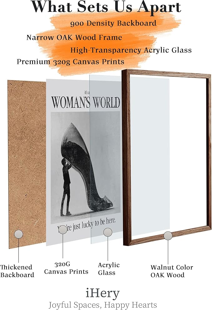 iHery Natural OAK Wood Woman's World Walnut Color Framed Wall Art, 12x16in Retro Feminist Modern Hot Girls Canvas Wall Art, Trendy Black High Heels Bedroom Decor, Bathroom Living Room 1Pack