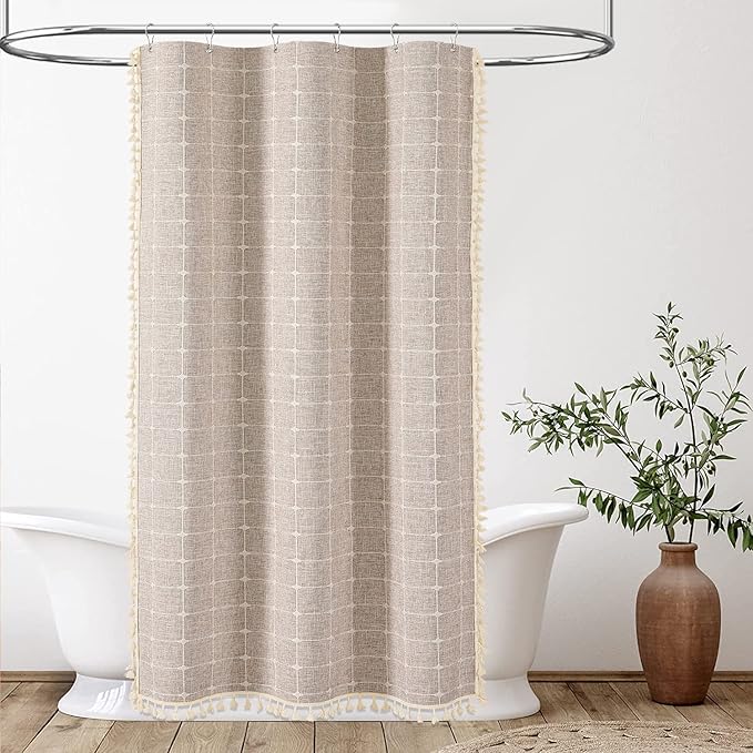 BTTN Boho Stall Shower Curtain, 36x72 Narrow Linen Ultra Thick Fabric Tassel Shower Curtain set with 6 Plastic Hooks, Small Walk In Modern Farmhouse Chic Country Shower Curtain for Bathroom, Tan/Taupe
