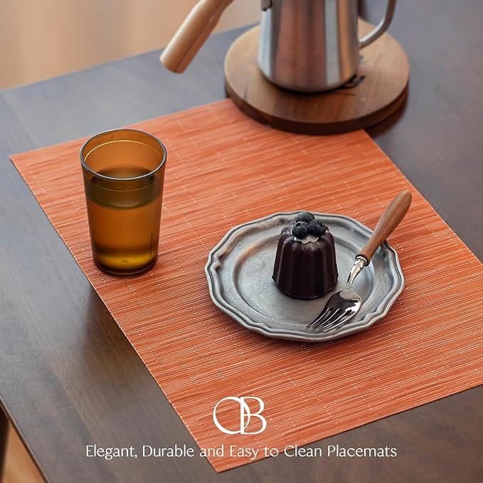 Placemats Set of 6 - Easy Clean Woven Vinyl Placemats for Dining Table, Indoor/Outdoor Place Mats, Washable PVC Table Mats （Orange）