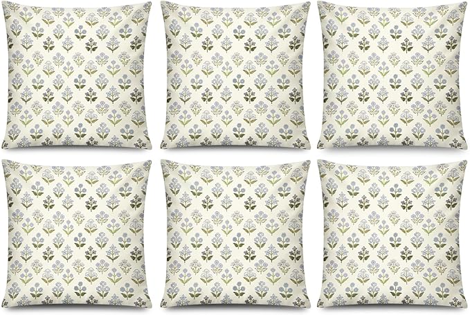 COMMINY Sage Green Blue Floral Pillow Cover 18x18 Set of 6 Minimalist Modern Throw Pillow Covers Square Cushion Covers for Couch Sofa Living Room Home Decor