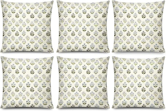 COMMINY Sage Green Blue Floral Pillow Cover 18x18 Set of 6 Minimalist Modern Throw Pillow Covers Square Cushion Covers for Couch Sofa Living Room Home Decor