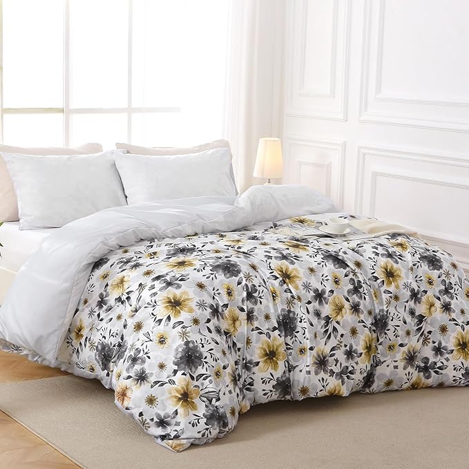 Duvet Cover King Size, Reversible Floral Vintage Duvet Cover Set with Zipper Closure, 3 Pieces Botanical Patterns Soft Microfiber Bedding Set (90"x104", 2 Pillow Cases 20"×36", Yellow Grey Flower)