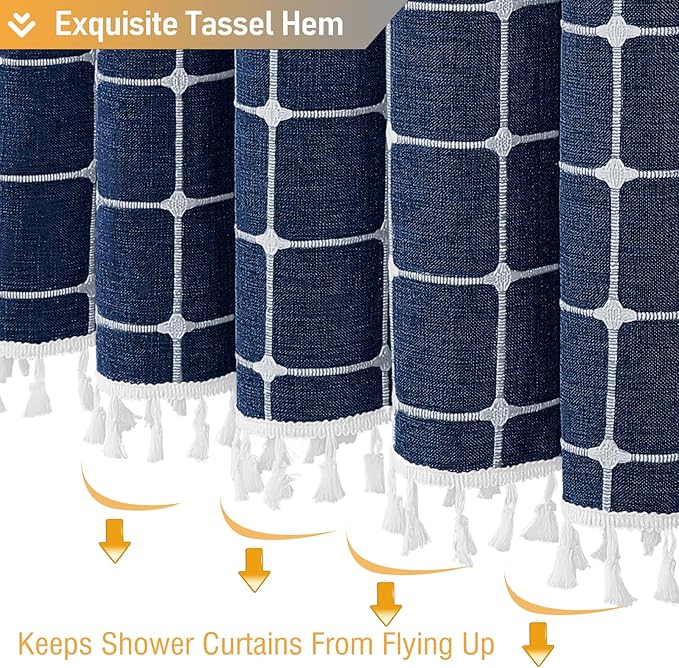 BTTN Boho Farmhouse Shower Curtain - Linen Rustic Heavy Duty Fabric Shower Curtain Set with Tassel, Water Repellent, Bohemian Vintage Country Thick Cloth Shower Curtains for Bathroom, Navy Blue, 72x72