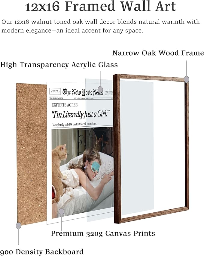 EcoHest Trendy Newspaper New York Magazine Framed Wall Art, 12x16 in Walnut Color OAK Wood I‘m Literally Just a Girl Canvas Wall Art, Magazine Preppy Home Decor, Set of 1 For Bedroom Living Room