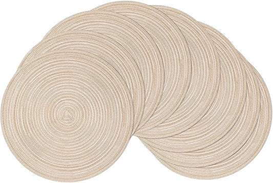 SHACOS Round Braided Placemats Set of 8 Cotton Fabric Round Table Mats Non Slip Washable 15 inch Round Place Mats (Beige, 8)