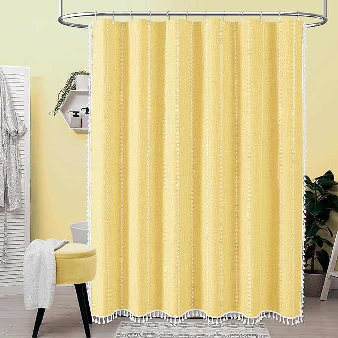 BTTN Stall Fabric Shower Curtain - 54x78 Boho Striped Linen Heavy Duty Tassel Shower Curtain Set with 10 Hook, Narrow Rustic Modern Farmhouse Bohemian Thick Cloth Shower Curtains for Bathroom - Yellow