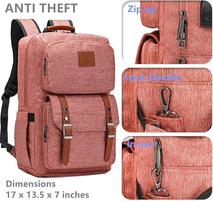 HFSX Laptop Backpack Women Men College Backpacks Bookbag Vintage Backpack Book Bag Fashion Back Pack Anti Theft Travel Backpacks with Charging Port fit 15.6 Inch Laptop Pink